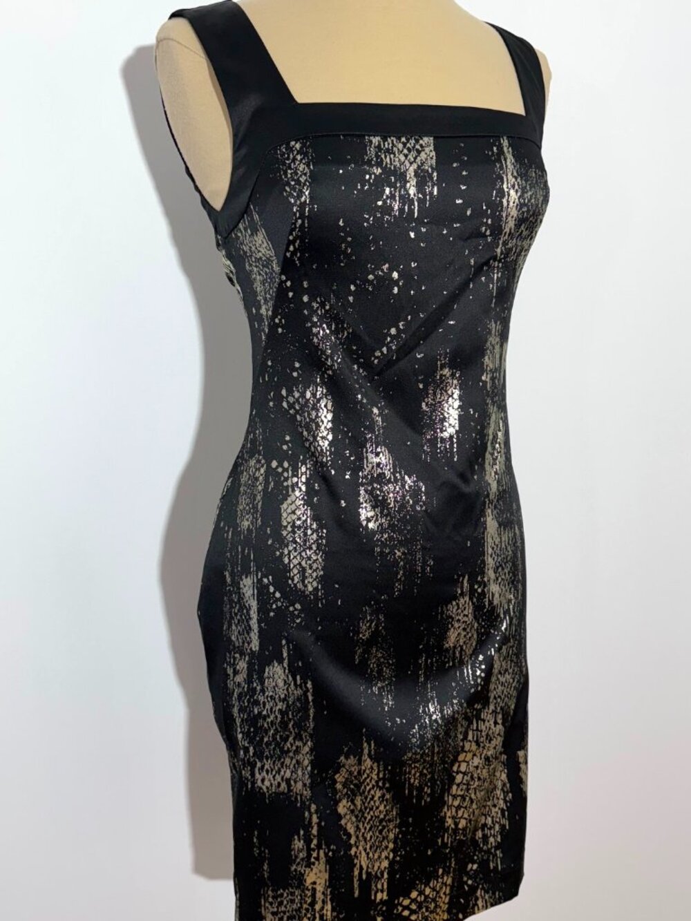 Just Cavalli Black Gold Satin Reptile Print Sleeveless Sheath Dress